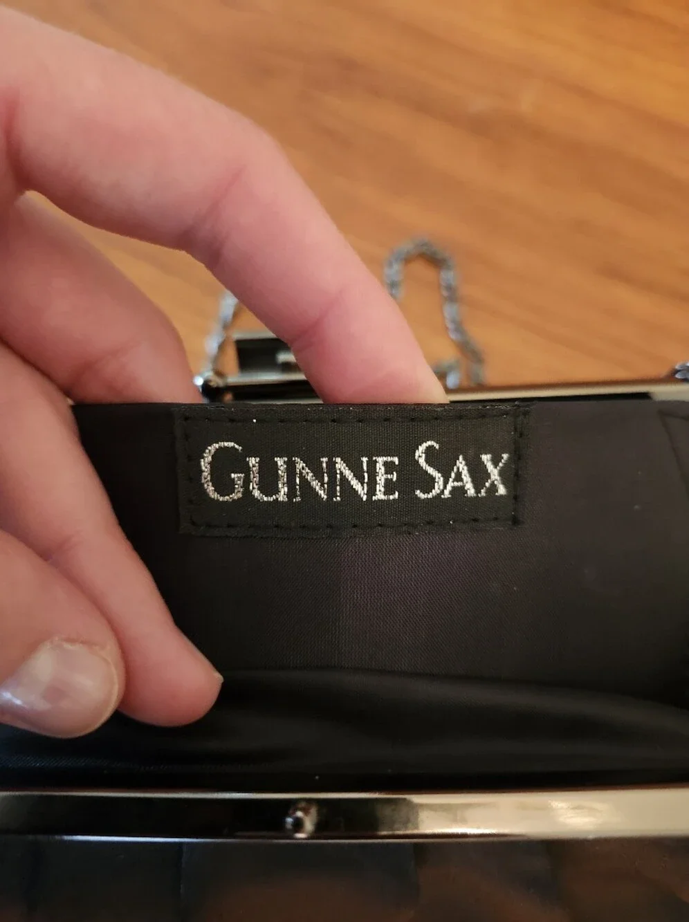 Gunne Sax Pleated Black Satin Clutch With Tuck-In Chain Strap